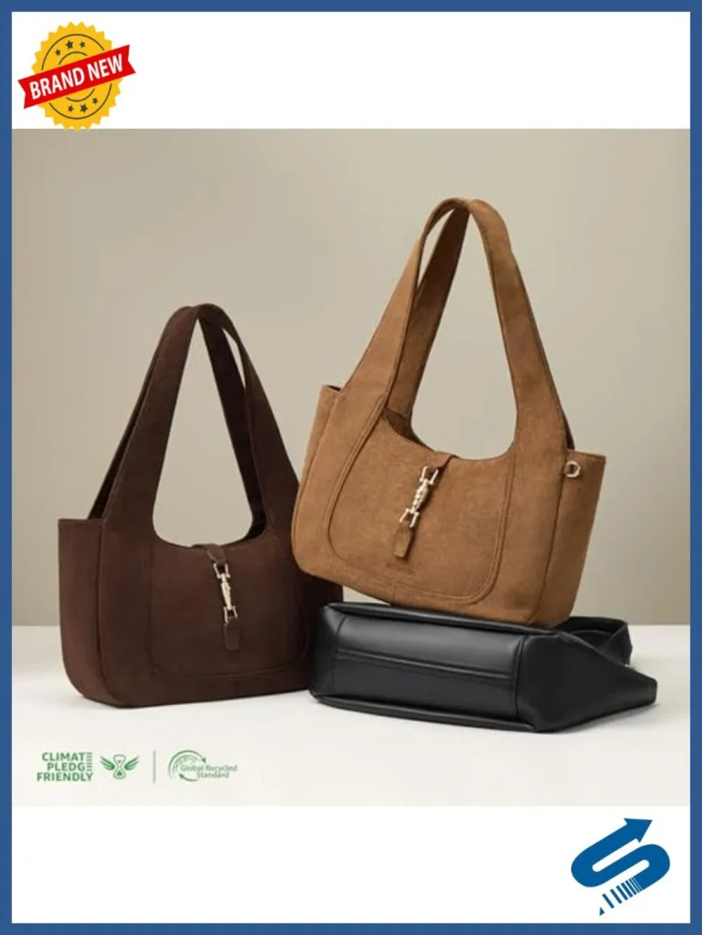 Faux Suede Vegan Leather Shoulder Bag Dumpling Tote Lightweight Gold Push-Lock
